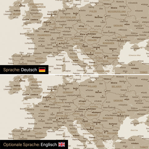 Weltkarte Leinwand in Desert Sand wahlweise in deutscher oder englischer SpracheWeltkarte Leinwand in Desert Sand wahlweise in deutscher oder englischer Sprache