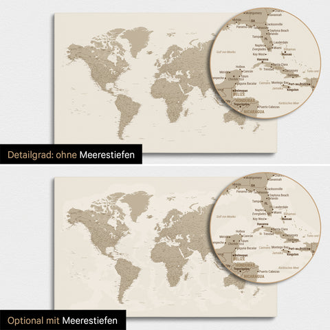 Weltkarte in Desert Sand mit zweidimensionalen Meerestiefen