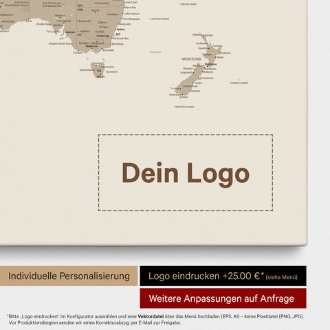 Weltkarte als Pinn-Leinwand in Desert Sand (Beige), auf die ein Firmenlogo eingedruckt werden kann und weitere Individualisierungen als Sonderanfertigung vorgenommen werden können
