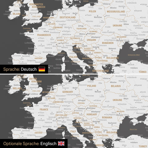 Weltkarte Leinwand in Dunkelgrau wahlweise in deutscher oder englischer Sprache