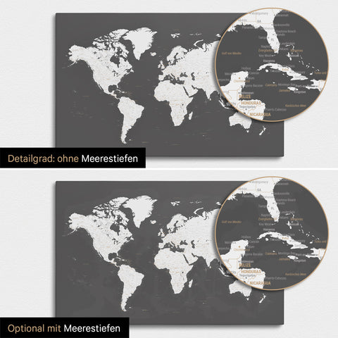 Weltkarte in Dunkelgrau mit zweidimensionalen Meerestiefen