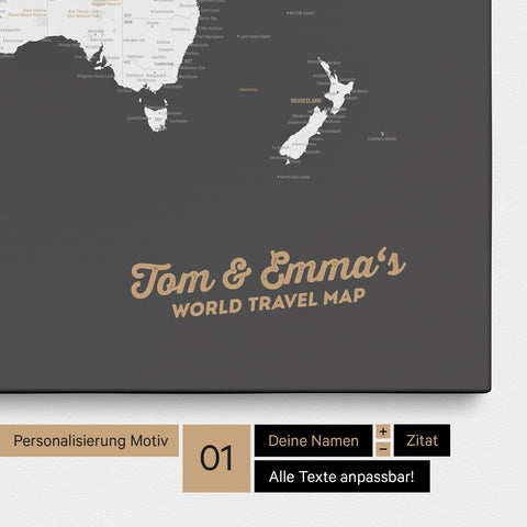 Weltkarte als Pinnwand Leinwand in Dunkelgrau mit Personalisierung und Eindruck mit deinem Namen