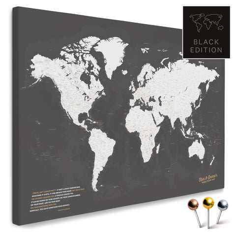 Weltkarte in Dunkelgrau als Pinnwand Leinwand zum Pinnen und Markieren von Reisezielen kaufen