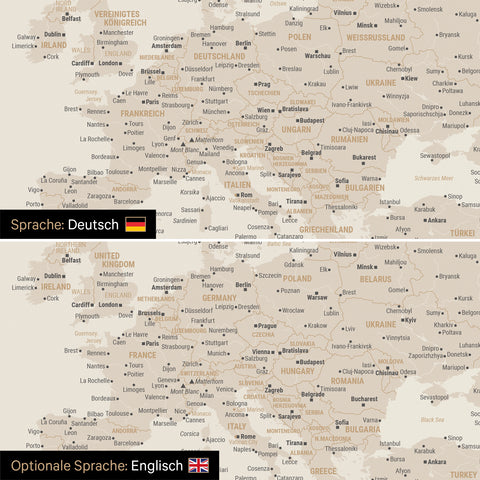 Weltkarte Leinwand in Gold wahlweise in deutscher oder englischer Sprache