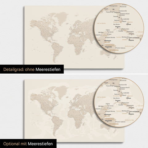 Weltkarte in Gold mit zweidimensionalen Meerestiefen