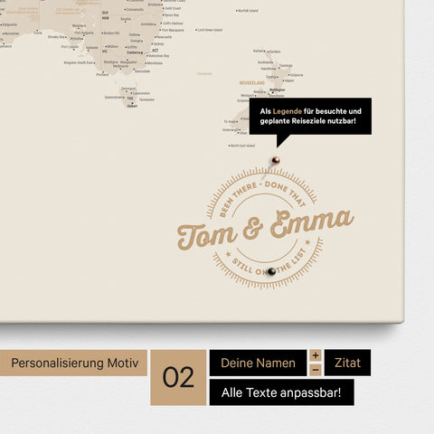 Personalisierte Weltkarte als Pinnwand Leinwand in Gold mit eingedruckten Namen und einer Legende zur Markierung von besuchten Orten