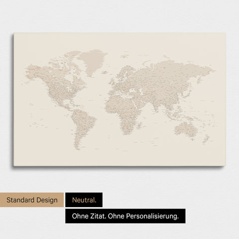 Neutrale und schlichte Ausführung einer Weltkarte als Pinn-Leinwand in Gold
