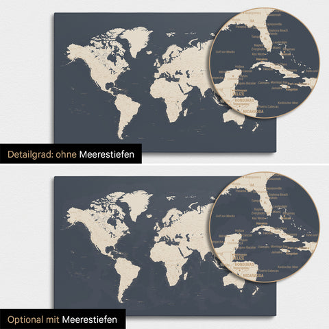 Weltkarte in Hale Navy (Dunkelblau-Gold) mit zweidimensionalen Meerestiefen