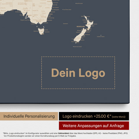 Weltkarte als Pinn-Leinwand in Hale Navy (Dunkelblau Gold), auf die ein Firmenlogo eingedruckt werden kann und weitere Individualisierungen als Sonderanfertigung vorgenommen werden können