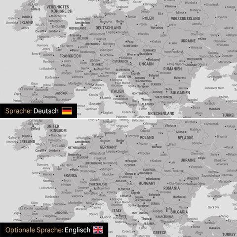 Weltkarte Leinwand in Hellgrau wahlweise in deutscher oder englischer Sprache