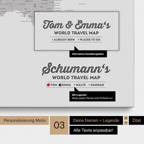 Pinnwand Leinwand einer Weltkarte in Hellgrau mit Personalisierung als Logo mit Familiennamen