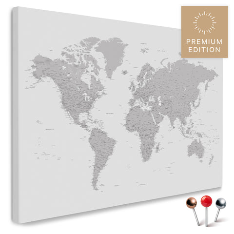 Weltkarte TRAVEL® Pinn-Leinwand – Coolgray (Hellgrau) | 80 x 50 cm Slim Line LITE | Neutral (Ausstellungsstück)