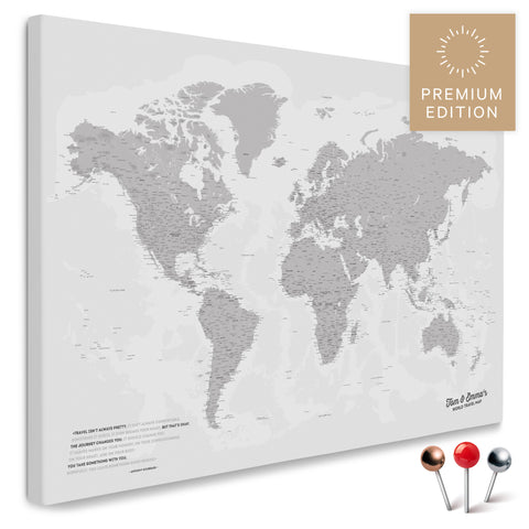 Weltkarte in Hellgrau als Pinnwand Leinwand zum Pinnen und Markieren von Reisezielen kaufen