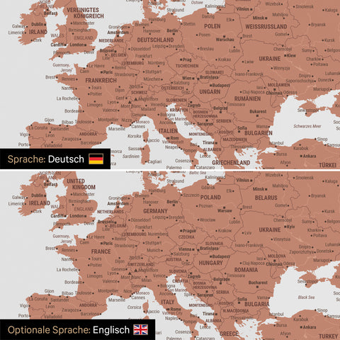 Weltkarte Leinwand in Kupfer wahlweise in deutscher oder englischer Sprache