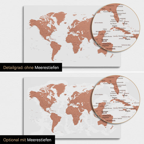 Weltkarte in Kupfer mit zweidimensionalen Meerestiefen