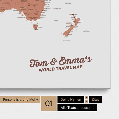 Weltkarte als Pinnwand Leinwand in Kupfer mit Personalisierung und Eindruck mit deinem Namen