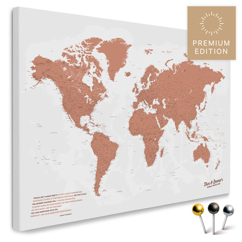 Weltkarte in Kupfer als Pinnwand Leinwand zum Pinnen und Markieren von Reisezielen kaufen