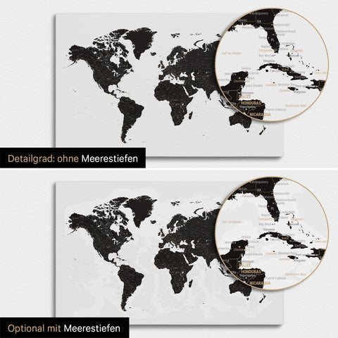 Weltkarte in Light Black (Weiss-Schwarz) mit zweidimensionalen Meerestiefen