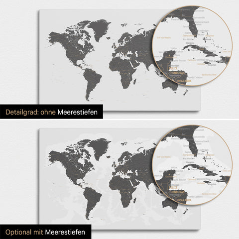 Weltkarte in Light Gray mit zweidimensionalen Meerestiefen