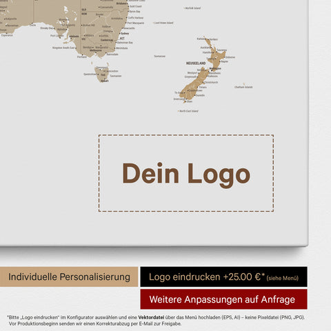 Weltkarte als Pinn-Leinwand in Oliv-Grün, auf die ein Firmenlogo eingedruckt werden kann und weitere Individualisierungen als Sonderanfertigung vorgenommen werden können