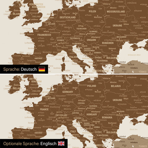 Weltkarte Leinwand in Multicolor Braun wahlweise in deutscher oder englischer Sprache