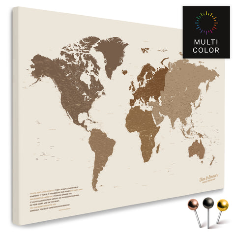 Weltkarte in Multicolor Braun als Pinnwand Leinwand zum Pinnen und Markieren von Reisezielen kaufen