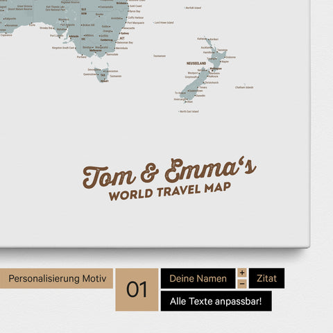 Carte du monde en tableau d'affichage toile multicolore clair avec personnalisation et impression de vos noms
