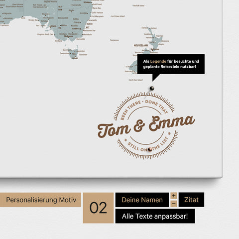 Carte du monde personnalisée en tableau d'affichage sur toile Multicolor Light avec noms imprimés et une légende pour marquer les lieux visités