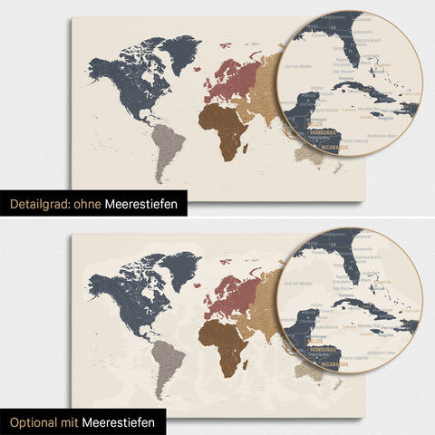 Weltkarte in Multicolor Matt mit zweidimensionalen Meerestiefen