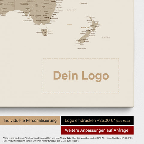 Weltkarte als Pinn-Leinwand in Multicolor Matt, auf die ein Firmenlogo eingedruckt werden kann und weitere Individualisierungen als Sonderanfertigung vorgenommen werden können