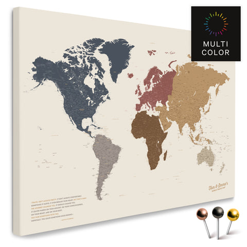Weltkarte in Multicolor Matt als Pinnwand Leinwand zum Pinnen und Markieren von Reisezielen kaufen