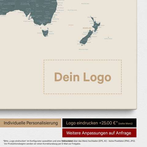 Weltkarte als Pinn-Leinwand in Multicolor Vivid, auf die ein Firmenlogo eingedruckt werden kann und weitere Individualisierungen als Sonderanfertigung vorgenommen werden können