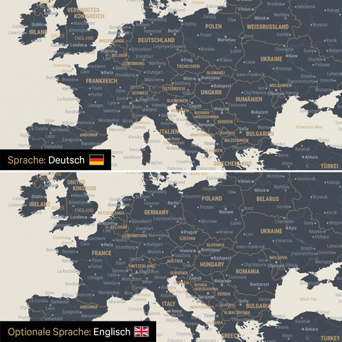 Weltkarte Leinwand in Navy Light wahlweise in deutscher oder englischer Sprache