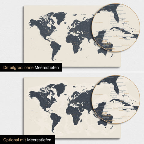 Weltkarte in Navy Light mit zweidimensionalen Meerestiefen