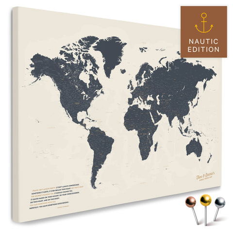 Weltkarte in Navy Light als Pinnwand Leinwand zum Pinnen und Markieren von Reisezielen kaufen