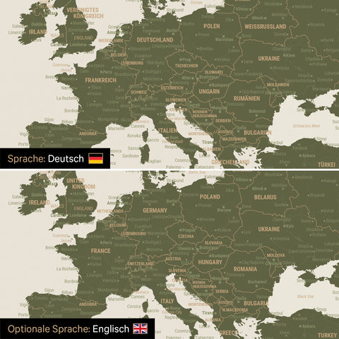 Weltkarte Leinwand in Olive Green wahlweise in deutscher oder englischer Sprache
