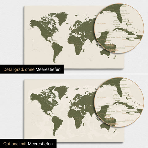 Weltkarte in Olive Green mit zweidimensionalen Meerestiefen