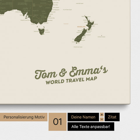 Weltkarte als Pinnwand Leinwand in Olive Green mit Personalisierung und Eindruck mit deinem Namen