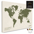 Weltkarte in Olive Green als Pinnwand Leinwand zum Pinnen und Markieren von Reisezielen kaufen