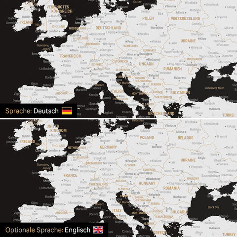 Weltkarte Leinwand in Schwarz-Weiß wahlweise in deutscher oder englischer Sprache