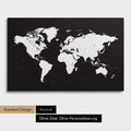Neutrale und schlichte Ausführung einer Weltkarte als Pinn-Leinwand in Schwarz-Weiss