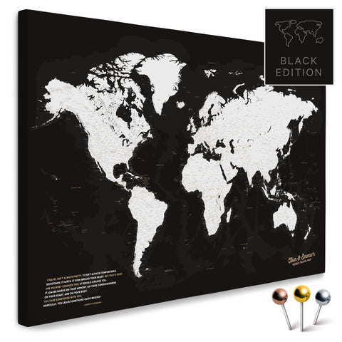 Weltkarte in Schwarz-Weiß als Pinnwand Leinwand zum Pinnen und Markieren von Reisezielen kaufen
