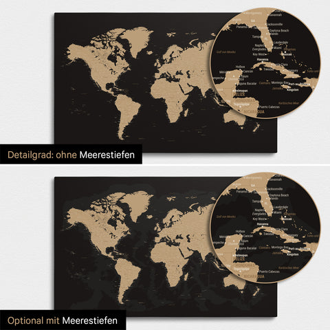 Weltkarte in Sonar Black (Schwarz-Gold) mit zweidimensionalen Meerestiefen