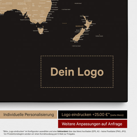 Weltkarte als Pinn-Leinwand in Sonar Black (Schwarz-Gold), auf die ein Firmenlogo eingedruckt werden kann und weitere Individualisierungen als Sonderanfertigung vorgenommen werden können