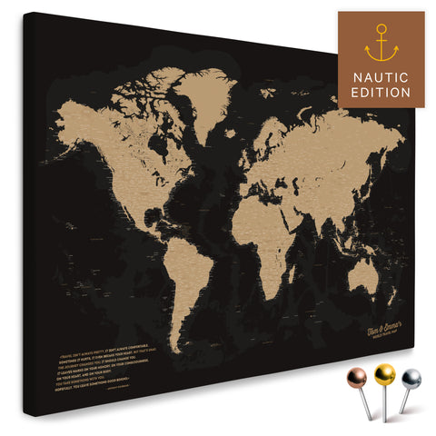 Weltkarte in Sonar Black (Schwarz-Gold) als Pinnwand Leinwand zum Pinnen und Markieren von Reisezielen kaufen