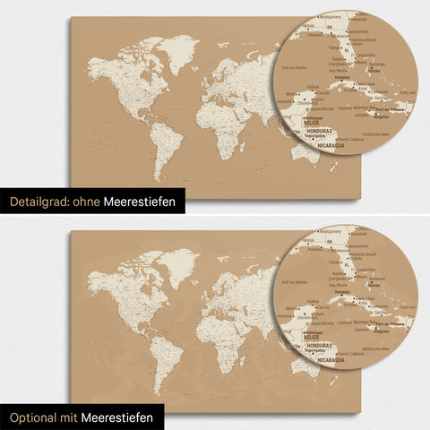 Weltkarte in Treasure Gold mit zweidimensionalen Meerestiefen