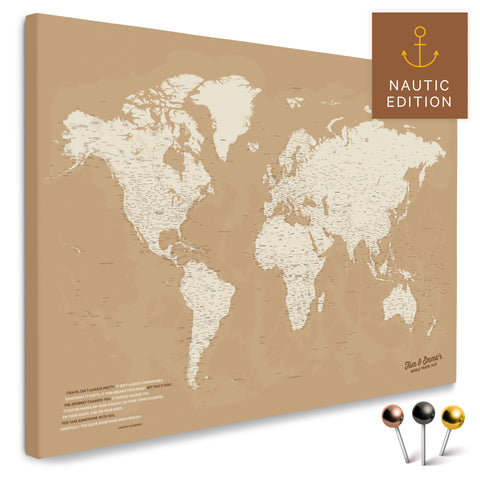 Weltkarte in Treasure Gold als Pinnwand Leinwand zum Pinnen und Markieren von Reisezielen kaufen