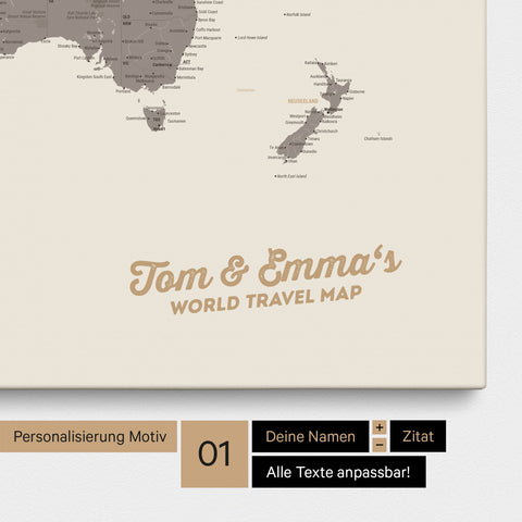 Weltkarte als Pinnwand Leinwand in Braun-Grau (Warmgray) mit Personalisierung und Eindruck mit deinem Namen