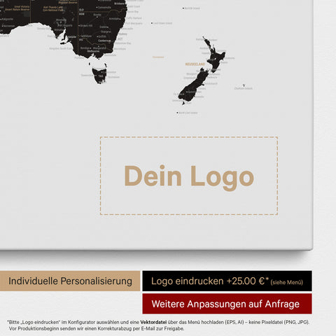 Weltkarte als Pinn-Leinwand in Light Black (Weiß Schwarz), auf die ein Firmenlogo eingedruckt werden kann und weitere Individualisierungen als Sonderanfertigung vorgenommen werden können