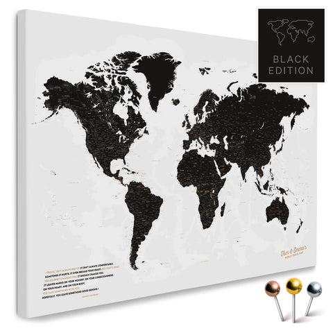 Weltkarte in Weiß-Schwarz als Pinnwand Leinwand zum Pinnen und Markieren von Reisezielen kaufen